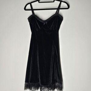 Y2K Black Velvet Lace Trim Babydoll Slip Dress Grunge Whimsigoth Witchy M